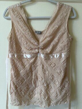Rave Womens XL Lace Sleeveless Top Pink Ribbon Tie Back Ruffle V Neck Blouse